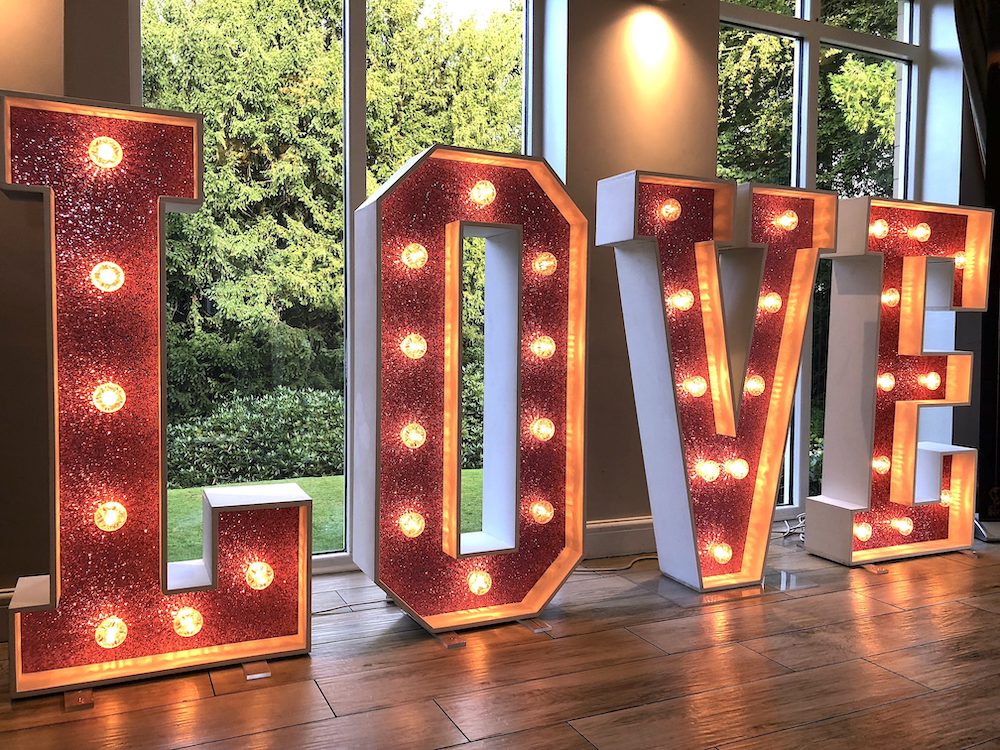 Perfect Pink Glitter Love Letters Light Up letters wedding event Scene My Event