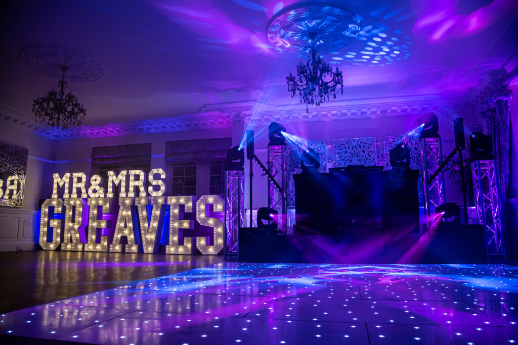 Super Premium DJ Production, Dance Floor and Mr & Mrs Light Up Letters At Eaves Hall Wedding Venue